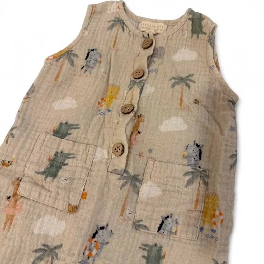 Elegant Baby Organiques Safari Animal Muslin Romper Tan 6-9M